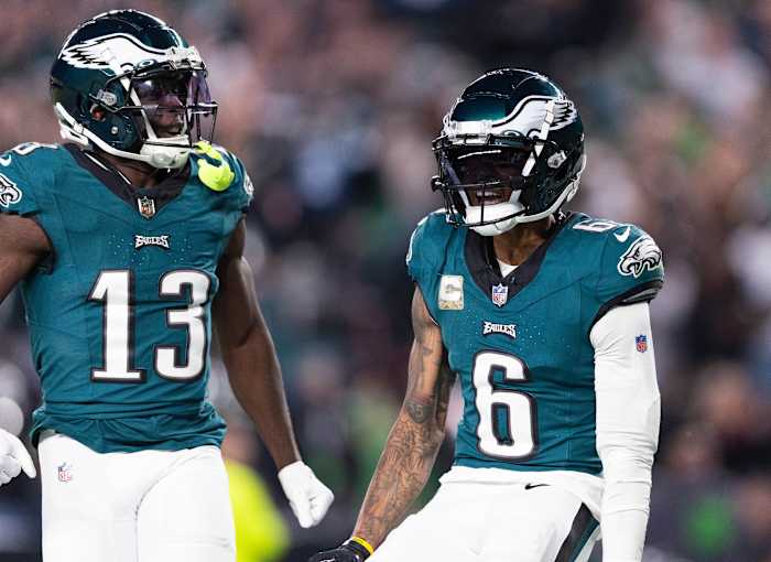 Philadelphia Eagles wide receiver DeVonta Smith (6) reacts after his touchdown catch against the Dallas Cowboys during the third quarter at Lincoln Financial Field.